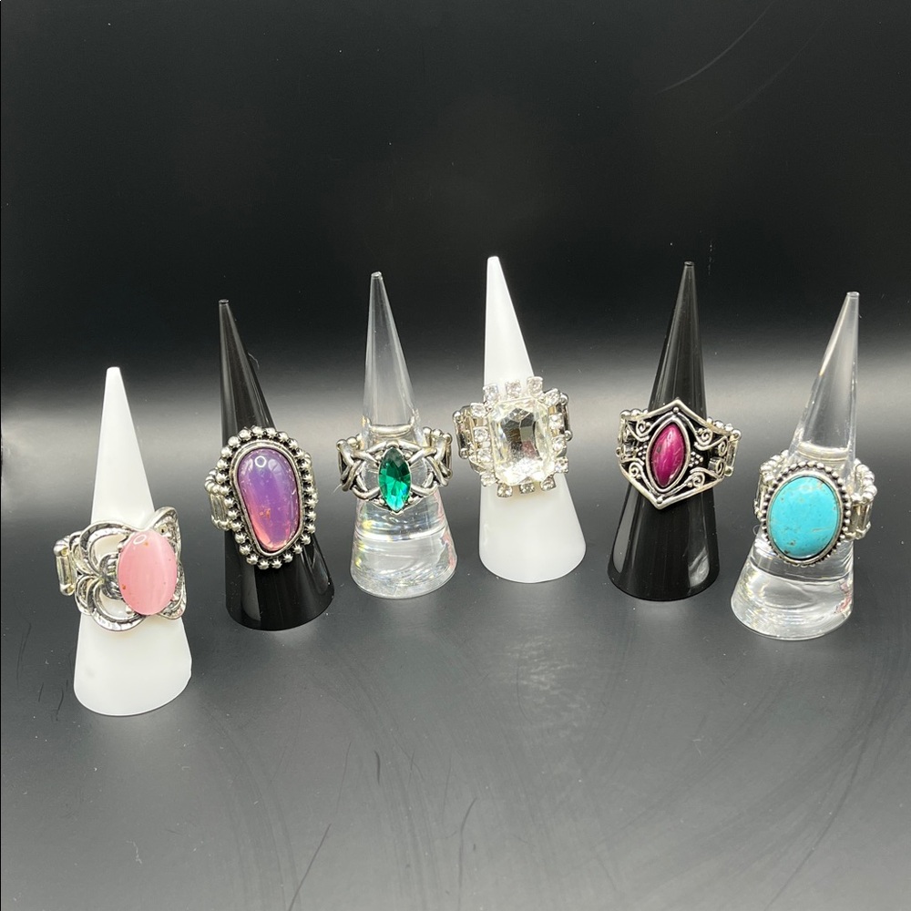6 Stretchy Rings, Turquoise, Pink & Gemstone Statement Ring Set - Women Jewelry